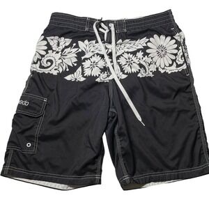 Speedo Mens M Medium Black & White Floral Swim Trunks With Drawstring Waist